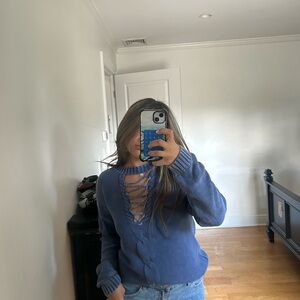 Blue Lace-Up Sweater